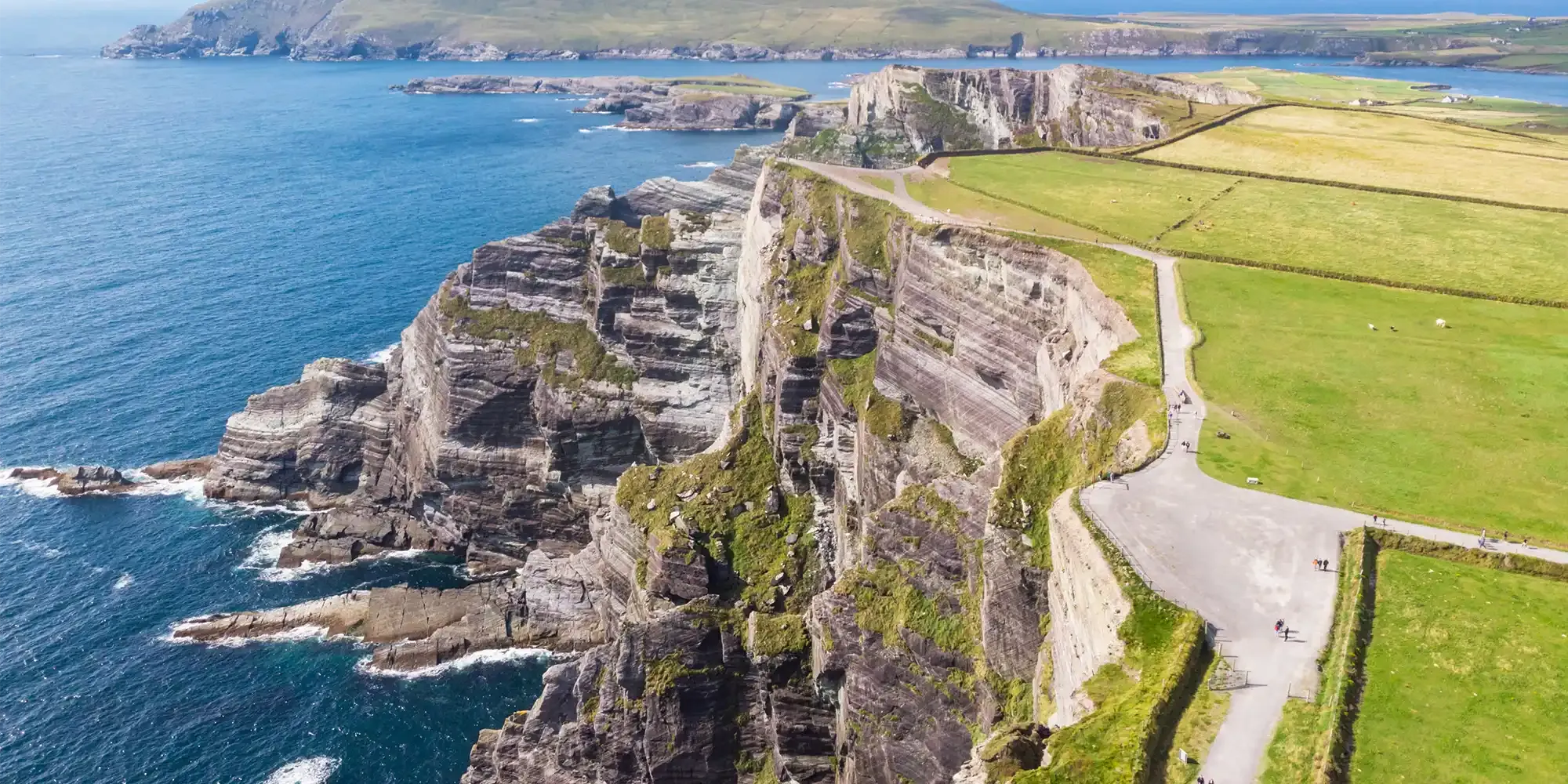 Dramatic sea cliffs and green fields on the Kerry coast