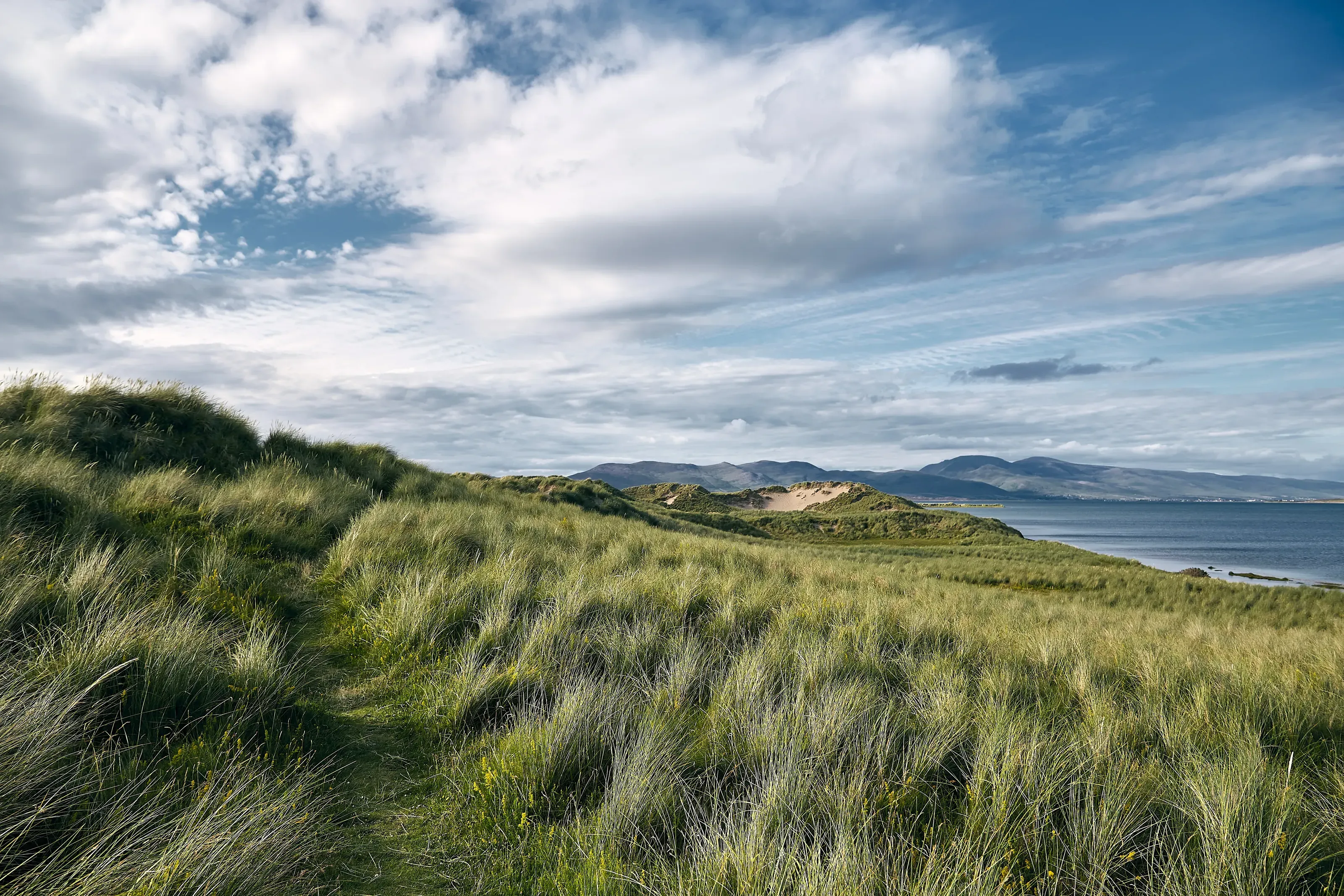 Green fields and Valentia Island under a bright Kerry sky